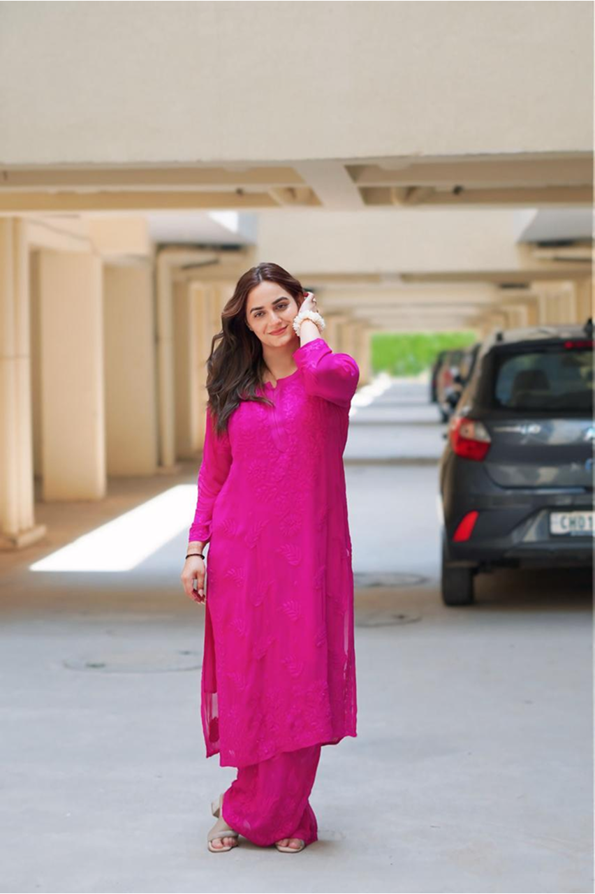 Rani Pink Embroidered Chikankari Kurti & Palazzo Set