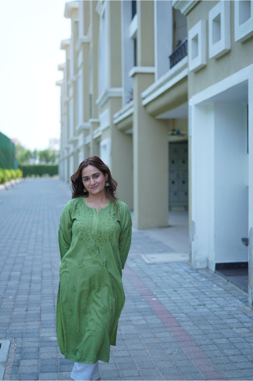 Olive Green Hand-Embroidered Chikankari Cotton Kurti
