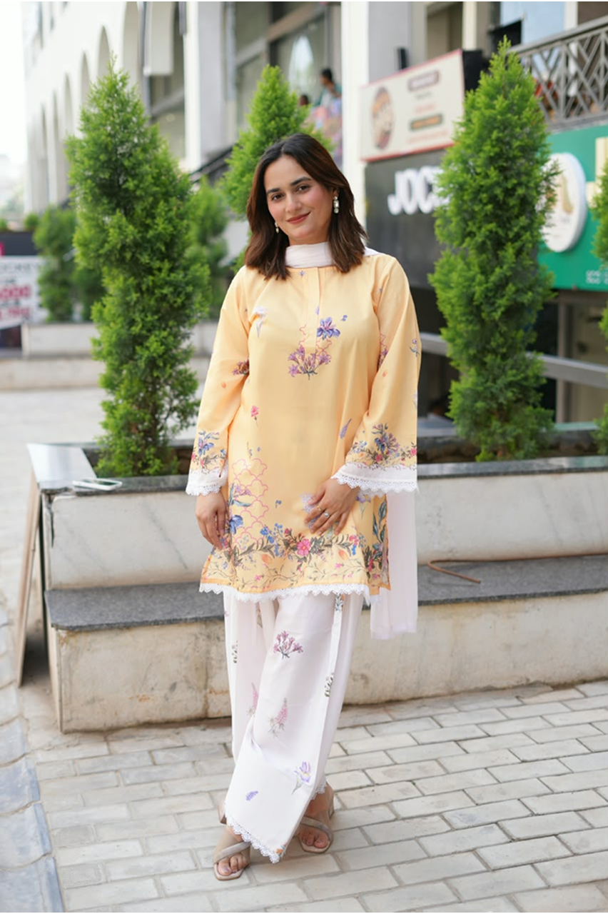 Pastel Yellow Floral Printed Kurta Set with Lace Details & Printed Trousers